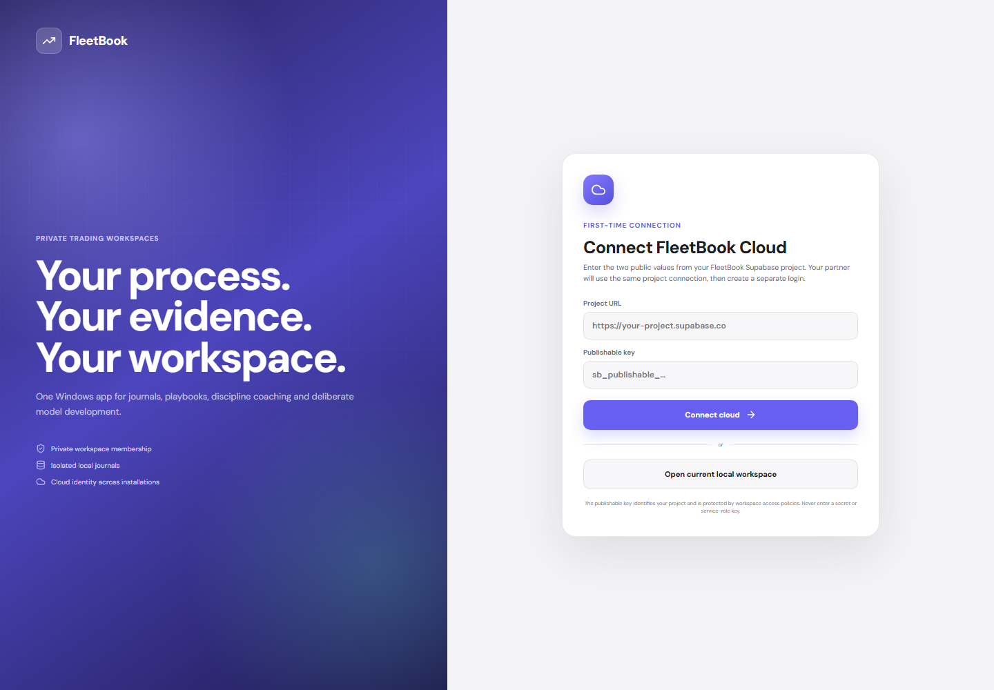 FleetBook’s private workspace and cloud connection screen